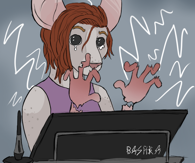 anthro bodily_fluids broken_fingers crying drawing_tablet female simple_background sketchy solo tablet_pen tears toony bashka inktober blahostka mammal murid murine rat rodent 2024 flat_colors meme