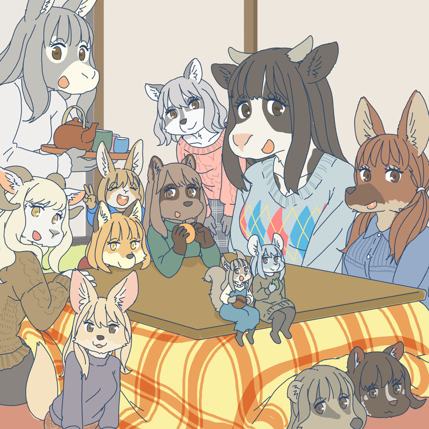 anthro clothed clothing female furniture group holidays horn kemono kotatsu micro table ekaki510 new_year asinus badger bovid bovine canid canine cattle chinchilla chinchillid civet donkey equid equine fennec_fox fox grey_squirrel holstein_friesian_cattle japanese_badger lagomorph leporid mammal maned_wolf masked_palm_civet meles mustelid musteline palm_civet rabbit raccoon_dog rodent sciurid tanuki tree_squirrel true_fox viverrid 1:1