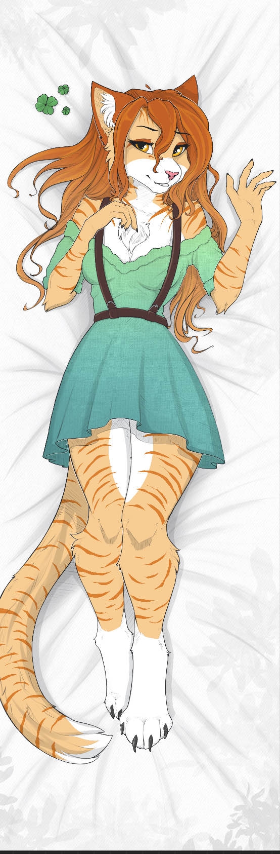 anthro athletic athletic_anthro bangs bare_shoulders bed bedroom_eyes black_claws breasts brown_eyes chest_tuft claws closed_smile clothed clothed_anthro clothed_female clothing clover_(plant) clover_leaf curvy_figure cute_fangs dakimakura dipstick_tail dress eye_contact fangs female female_anthro four_leaf_clover front_view fur furniture gesture green_clothing green_dress hair happy hourglass_figure inner_ear_fluff knock-kneed leaf leg_markings long_hair looking_at_another looking_at_viewer lying markings medium_breasts mouth_closed narrowed_eyes off_shoulder on_back on_bed orange_body orange_fur orange_hair paws pink_nose plant seductive simple_background smile socks_(marking) solo striped_body striped_fur stripes suspenders tail tail_markings tan_body tan_fur teeth tuft waving waving_at_viewer white_paws silianor domestic_cat felid feline felis mammal dakimakura_design digital_media_(artwork) hi_res