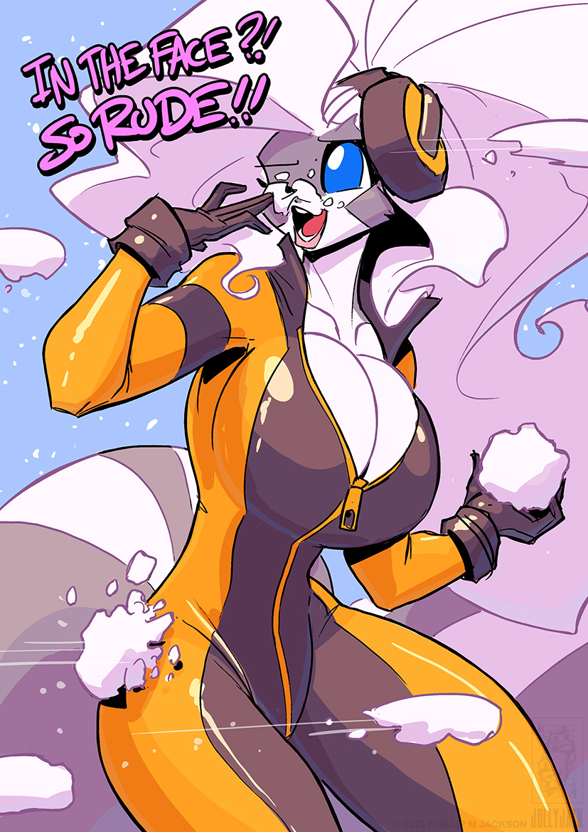 anthro big_breasts breasts cleavage clothed clothing dialogue earmuffs female gloves handwear huge_breasts one_eye_closed skinsuit snow snowball snowball_fight solo text thick_thighs tight_clothing conditional_dnp jollyjack chloe_sinclaire mammal mephitid skunk striped_skunk 2023 english_text