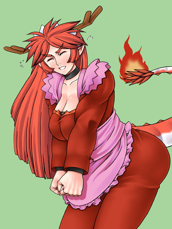 2_horns antlers apron athletic athletic_female athletic_humanoid big_breasts breasts clothing eyes_closed female fire flaming_tail green_background grey_tail hair horn humanoid_pointy_ears maid_apron maid_headdress maid_uniform pink_apron pink_clothing red_clothing red_hair red_tail simple_background solo sweatdrop_(iconography) tail two_tone_tail uniform unyah asian_mythology chinese_mythology east_asian_mythology futaba_channel mythology nijiura_maids sekiryuu-san animal_humanoid dragon dragon_humanoid eastern_dragon eastern_dragon_humanoid horned_humanoid humanoid mythological_creature mythological_scalie red_dragon_(chinese_mythology) scalie tailed_humanoid 2008