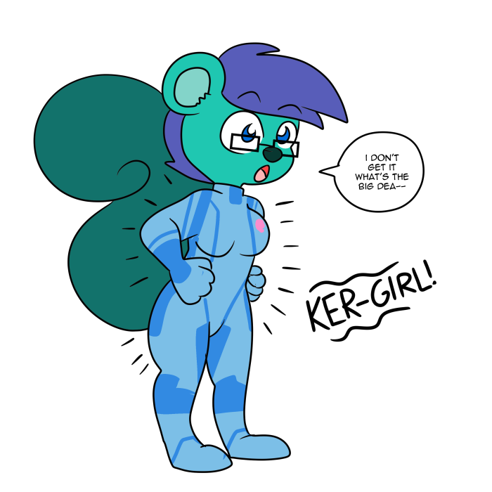 anthro breasts crossgender eyewear female solo text transformation zero_suit technicolorpie metroid nintendo mammal rodent sciurid 1:1 english_text