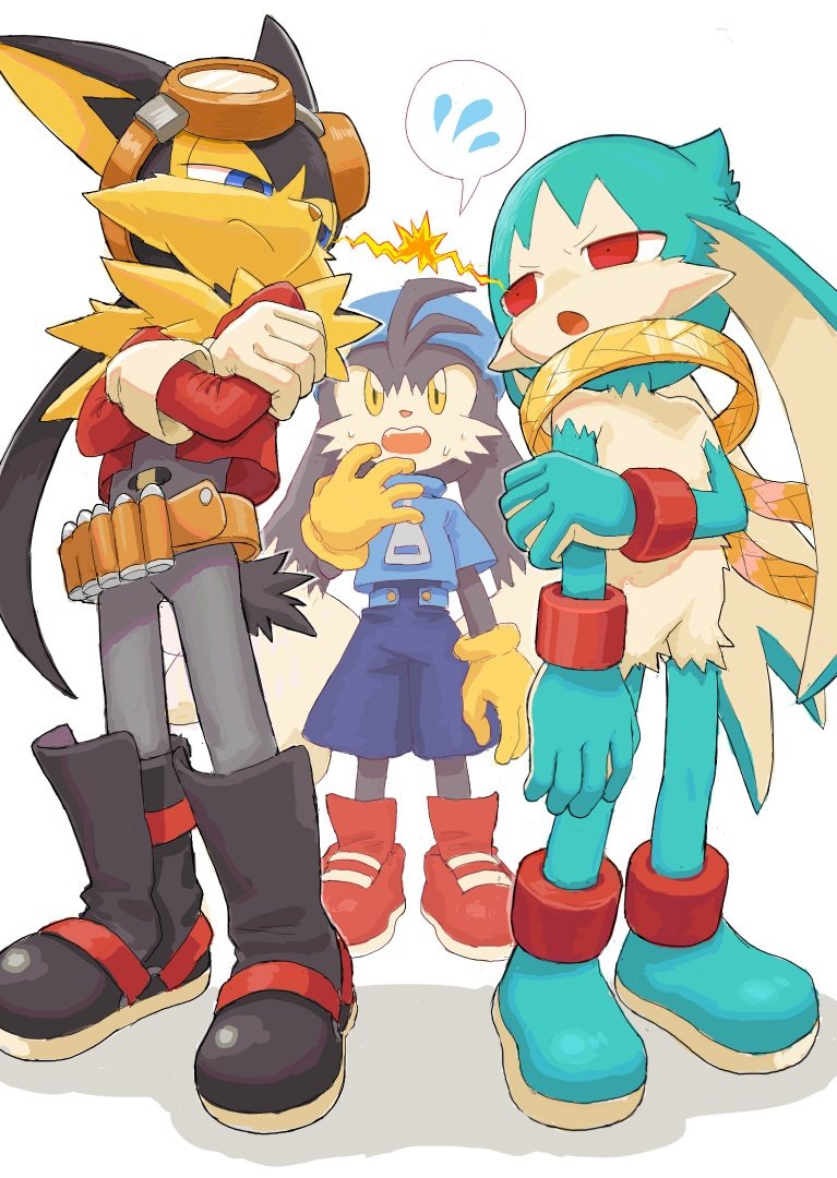 angry anthro bodily_fluids bounty_hunter bullet fighting_over_boy group king love_triangle male rivalry rivals royalty scarf shocked sweat sweatdrop trio amber_graygamma bandai_namco klonoa_(series) guntz king_of_sorrow klonoa canid canine canis domestic_cat felid feline felis mammal wolf