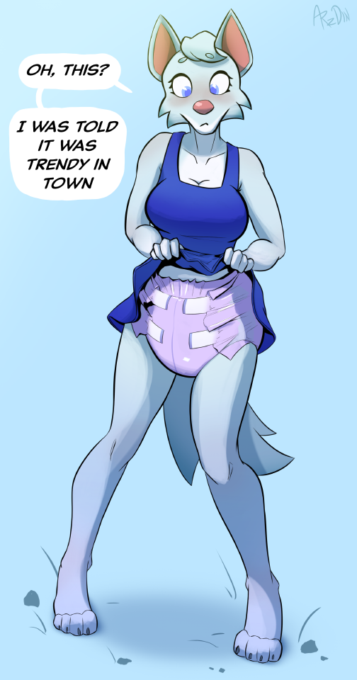 anthro blush bottomwear claws clean_diaper clothed clothing clothing_lift dialogue diaper diaper_under_skirt female looking_down paws presenting_diaper skirt skirt_lift solo speech_bubble standing underwear wearing_diaper arzdin animal_crossing nintendo whitney_(animal_crossing) canid canine canis mammal wolf