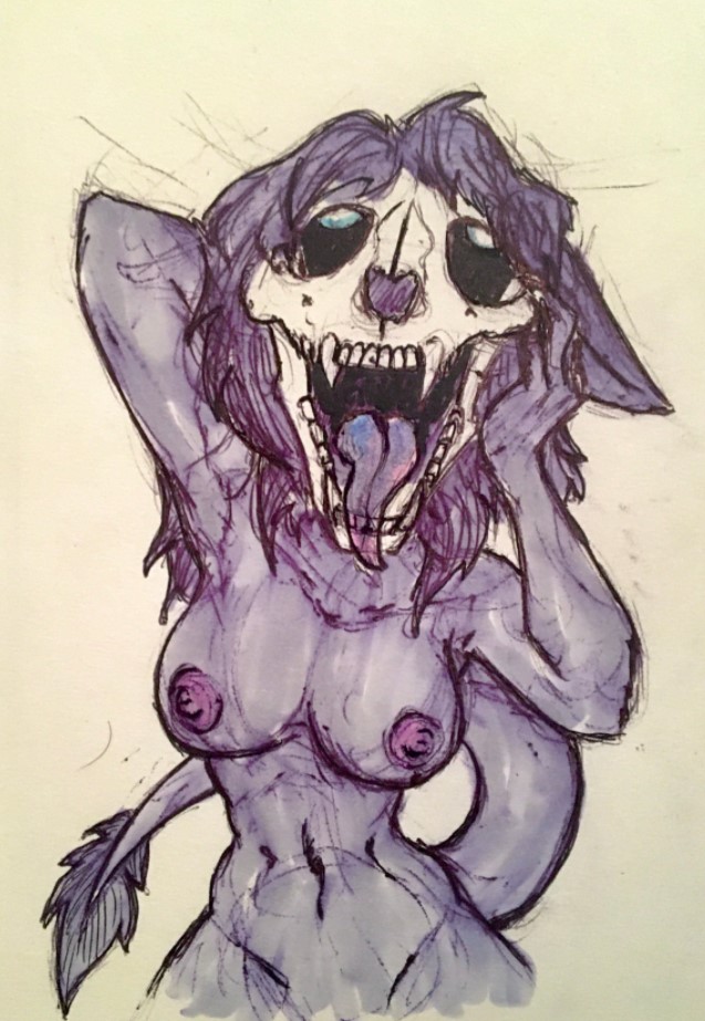 ahegao anthro bone breasts claws clothed clothing female looking_pleasured skull skull_head solo tongue topless topless_anthro topless_female victordantes scp_foundation marsh_(marshthemalo) scp-1471-a canid canine canis malo mammal wolf traditional_media_(artwork)