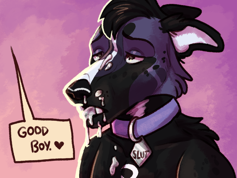 anthro black_body black_fur bodily_fluids collar cum cum_in_mouth cum_inside cum_on_face fur genital_fluids good_boy male offscreen_character praise praise_kink purple_body purple_collar purple_fur slut_collar solo speech_bubble white_body white_fur hornedupbuck canid canine canis domestic_dog hunting_dog mammal sighthound 4:3