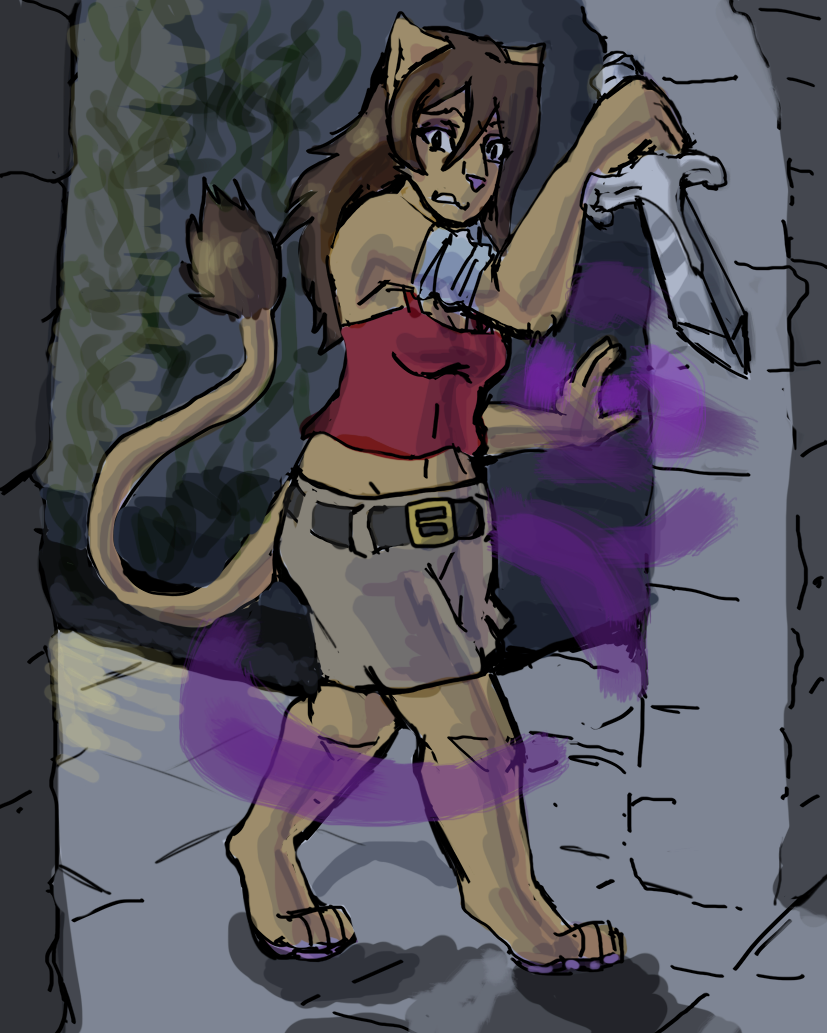 4_toes 5_fingers anthro biped clothed clothing dagger digitigrade dungeon fantasy feet female fingers fur hair magic melee_weapon solo standing toes weapon mrease raziya_(racheltheseeker) felid mammal digital_media_(artwork)