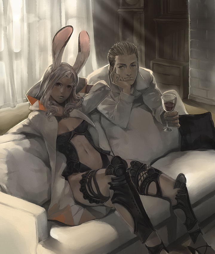 alcohol beverage clothed clothing duo female furniture glass holding_glass holding_object inside looking_at_viewer male skimpy sofa wine putoream final_fantasy final_fantasy_xii square_enix balthier fran_(final_fantasy) animal_humanoid human humanoid lagomorph lagomorph_humanoid mammal mammal_humanoid viera