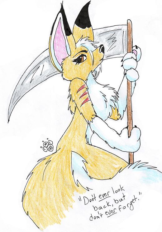 anthro black_claws black_eyebrows black_nose black_text brown_eyes claws ear_tuft eyebrows eyelashes female fluffy fluffy_chest fur holding_melee_weapon holding_object holding_polearm holding_scythe holding_weapon melee_weapon nude pawpads pink_inner_ear pink_pawpads polearm quote scythe simple_background snout solo tail text tuft weapon white_background white_body white_fur yellow_body yellow_fur blondefoxy lucky_(blondefoxy) canid canine mammal 2006 colored_pencil_(artwork) english_text handwritten_text pen_(artwork) shaded traditional_media_(artwork)