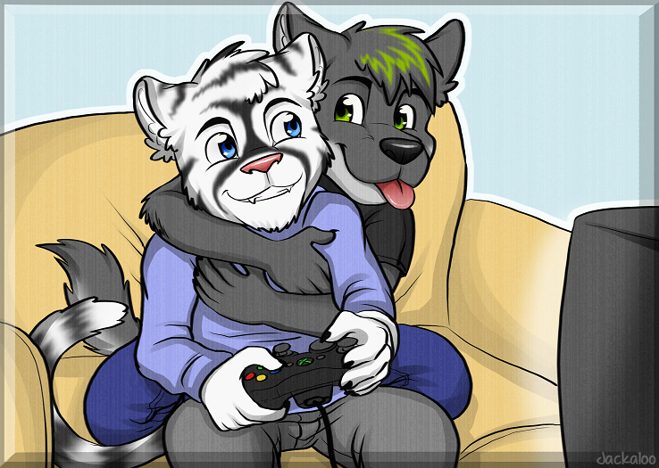 anthro arms_bent bent_legs black_clothing black_markings black_shirt black_t-shirt black_topwear blue_eyes bottomwear clothed clothing controller cuddling duo electronics fingers fluffy fluffy_tail fur furniture game_controller gaming green_eyes green_hair green_highlights grey_body grey_bottomwear grey_clothing grey_fur hair head_tuft highlights_(coloring) holding_controller holding_object hug male male/male markings multicolored_body on_sofa open_mouth playing_video_game purple_clothing purple_topwear sharp_teeth shirt simple_background sitting sitting_on_leg sitting_on_sofa smile smiling_at_another smiling_at_partner sofa spread_legs spreading t-shirt tail tail_markings teeth teeth_showing television text tongue tongue_out topwear tuft white_body white_fur wrapped_arms xbox_controller jackaloo microsoft xbox xbox_game_studios bladepup jayke_(fluffboy) canid canine canis domestic_dog felid feline husky hybrid mammal nordic_sled_dog pantherine spitz tiger wolf wolfdog 2013 artist_name digital_media_(artwork) english_text portrait shaded signature three-quarter_portrait male_(lore)