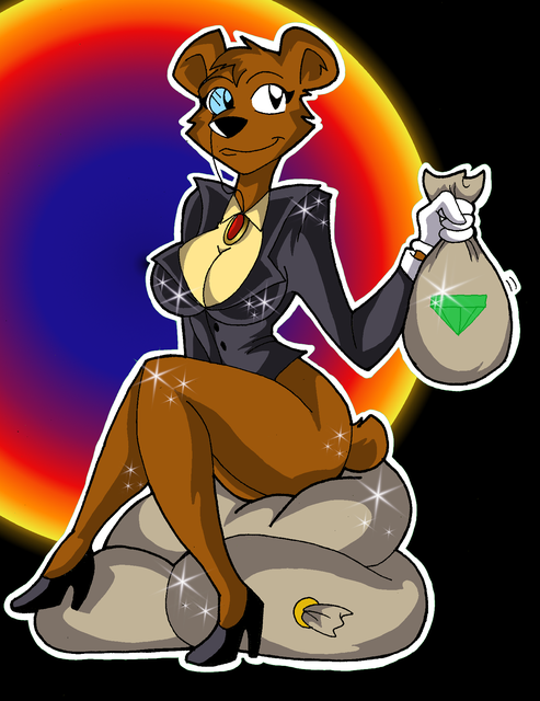 anthro bag biped black_nose bottomless breasts brown_body brown_fur cleavage clothed clothing crossgender eyewear female footwear fur gem gloves handwear high_heels money monocle mtf_crossgender shoes sitting smile solo sparkles suit_jacket mazapan activision spyro_the_dragon moneybags_(spyro) bear mammal