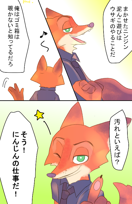 ambiguous_gender anthro clothed clothing dialogue fur gradient_background necktie one_eye_closed open_mouth open_smile orange_body orange_fur shirt simple_background smile solo speech_bubble tan_body tan_fur text topwear wink 327b_(artist) りんこ disney zootopia nick_wilde canid canine fox mammal red_fox true_fox comic japanese_text translation_request