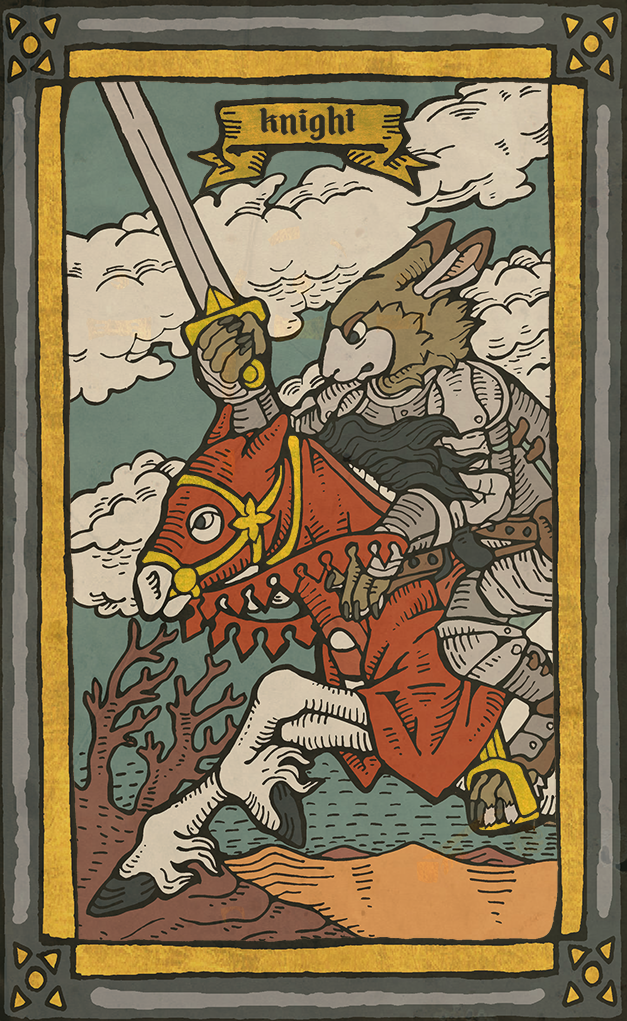 5_fingers anthro armor black_eyes card card_template clothed clothing cloud desert duo feral fingers fortune_telling fur hair holding_object hooves knight_of_swords_(tarot) melee_weapon minor_arcana riding sky sword swords_(tarot) tarot tarot_card text weapon musorok leonard_(theleonard) equid equine horse lagomorph leporid mammal rabbit digital_media_(artwork) english_text