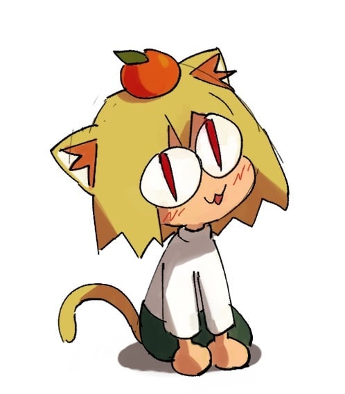 :3 blonde_hair blush blush_lines bottomwear cat_smile clothing featureless_hands female food fruit green_bottomwear green_clothing green_skirt hair hands_on_ground hands_together inner_ear_fluff light_body light_skin looking_offscreen looking_up open_mouth open_smile orange_(fruit) orange_inner_ear_fluff plant pupils red_pupils simple_background sitting skirt slit_pupils smile solo sweater tail topwear tuft white_background white_clothing white_sweater white_topwear yellow_tail paccha_(artist) tsukihime type-moon neco-arc neco-arc_bubbles animal_humanoid cat_humanoid domestic_cat felid felid_humanoid feline feline_humanoid felis humanoid mammal mammal_humanoid neco_spirit 2022 digital_media_(artwork) shaded