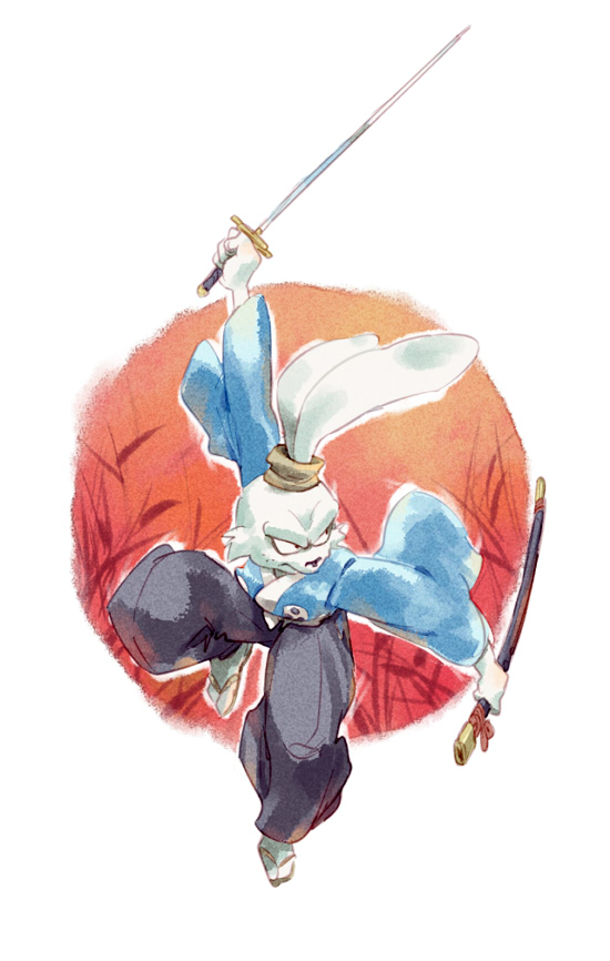 anthro clothing footwear fur long_ears male melee_weapon sandals shoes solo sword weapon nemurism usagi_yojimbo miyamoto_usagi lagomorph mammal 2014