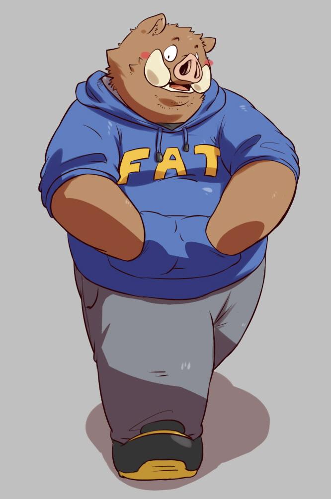 anthro blush bottomwear brown_body clothing hoodie kemono male overweight overweight_male pants simple_background solo text text_on_clothing text_on_hoodie text_on_topwear topwear wdh3905 fat_hoodie meme_clothing mammal suid suine sus_(pig) wild_boar 2015 meme