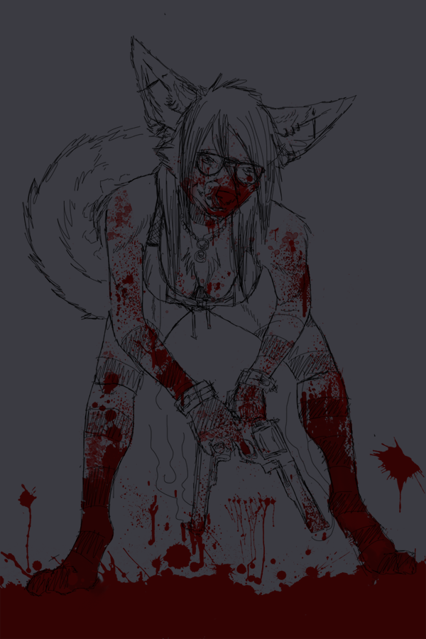 anthro blood bodily_fluids breasts cleavage clothed clothing eyewear female glasses gun handgun legwear piercing pose ranged_weapon revolver solo stockings tail weapon zzakerhyus canid canine canis mammal wolf 2:3 pinup