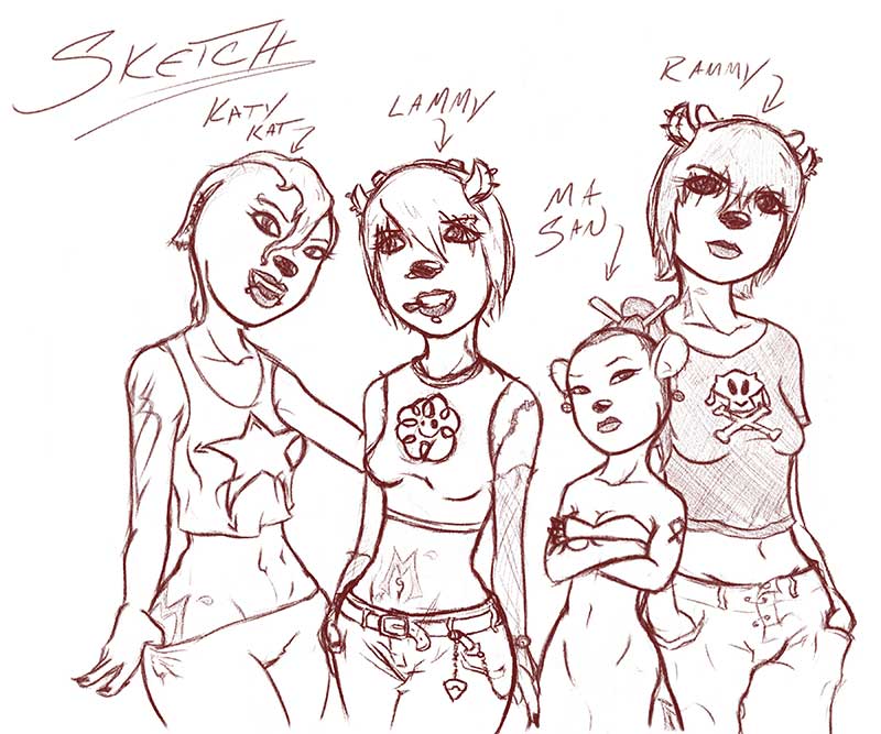 anthro band female group rival simple_background white_background unknown_artist parappa_the_rapper sony_corporation sony_interactive_entertainment um_jammer_lammy katy_kat lammy_lamb ma-san rammy_lamb bovid caprine domestic_cat felid feline felis mammal mouse murid murine rodent sheep