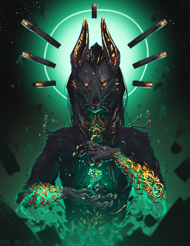 abstract_background anthro black_body black_fur black_hair claws female filigree front_view fur glowing gold_(metal) hair looking_at_viewer solo beetleback anubian_jackal canid canine canis jackal mammal half-length_portrait portrait