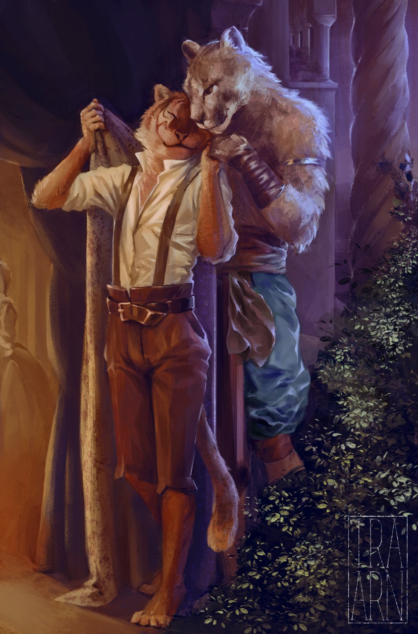 anthro barefoot belt blood_moon clothed clothing duo feet hand_holding male male/male nuzzling romantic romantic_ambiance romantic_couple standing ira-arn dungeons_and_dragons hasbro wizards_of_the_coast cougar felid feline mammal pantherine tabaxi tiger 2019 digital_media_(artwork) hi_res