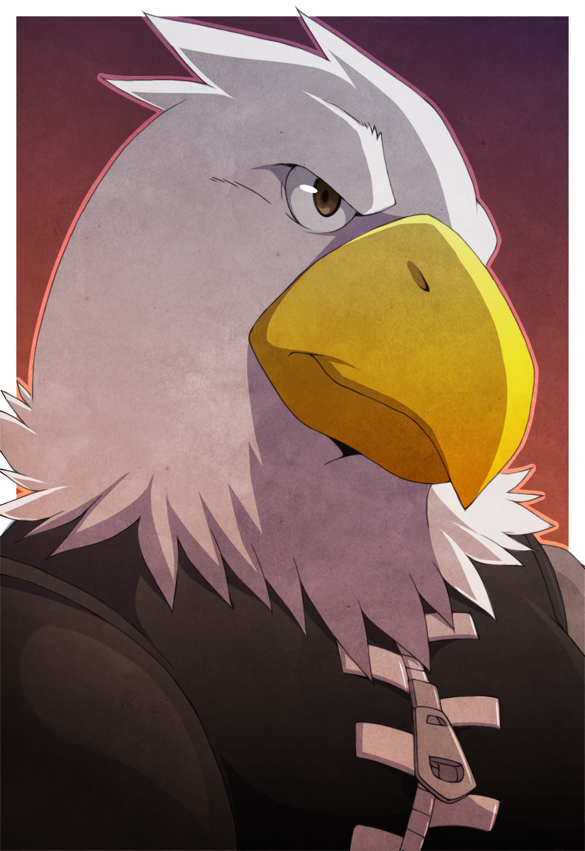 anthro beak brown_eyes clothed clothing feathers grey_body grey_feathers male shirt simple_background tank_top topwear white_body white_feathers zipper aluminemsiren animal_crossing nintendo apollo_(animal_crossing) accipitrid accipitriform avian bald_eagle bird eagle sea_eagle hi_res portrait