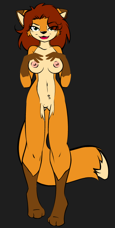 anthro biped breasts brown_hair female green_eyes hair looking_at_viewer nipples nude simple_background smile solo standing tail omgtkb canid canine fox mammal