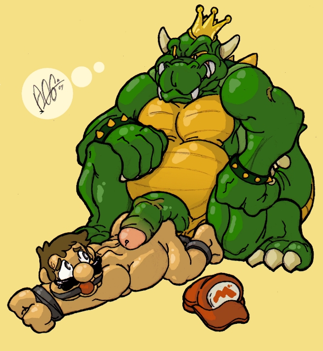 ball_gag bdsm clothing crown duo erection gag gagged genitals hat headgear headwear male male/male nude penis questionable_consent rape_face auron2006 mario_bros nintendo king_koopa mario human koopa mammal scalie