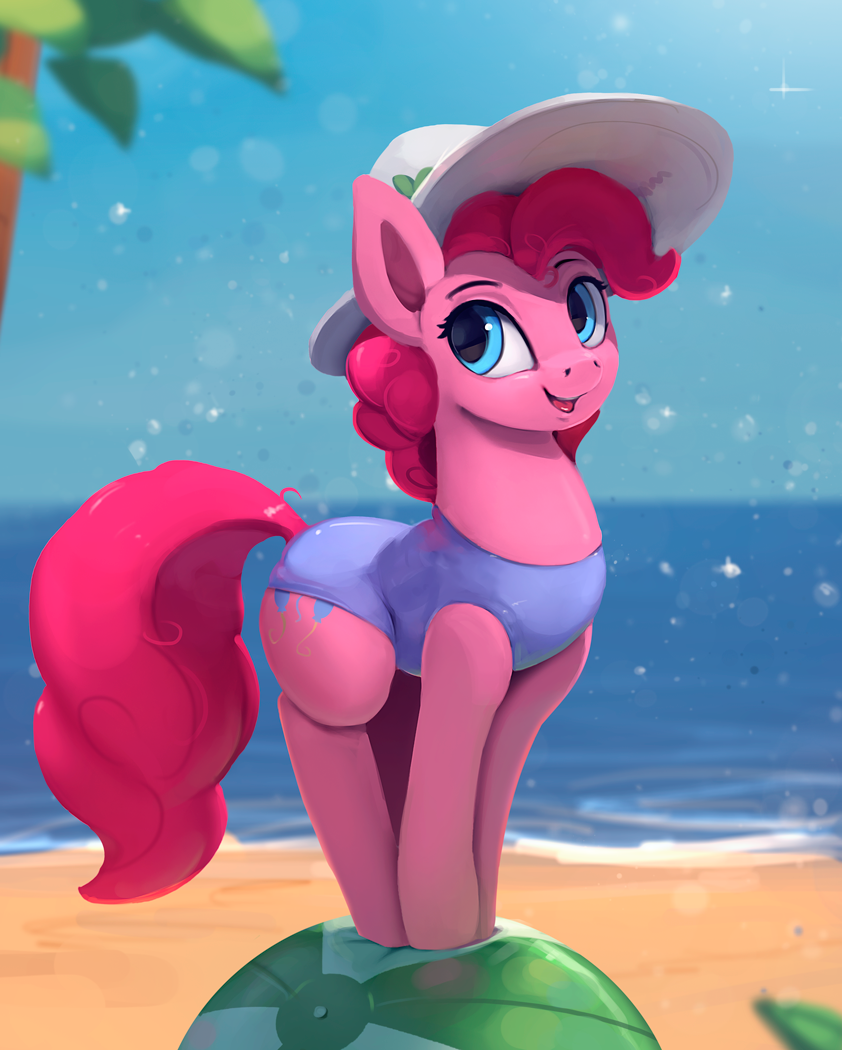 beach blue_eyes clothed clothed_feral clothing cutie_mark day detailed_background eyelashes female feral hair hat headgear headwear hooves outside pink_hair sand seaside smile solo swimwear rodrigues404 friendship_is_magic hasbro my_little_pony pinkie_pie_(mlp) earth_pony equid equine horse mammal pony 2017