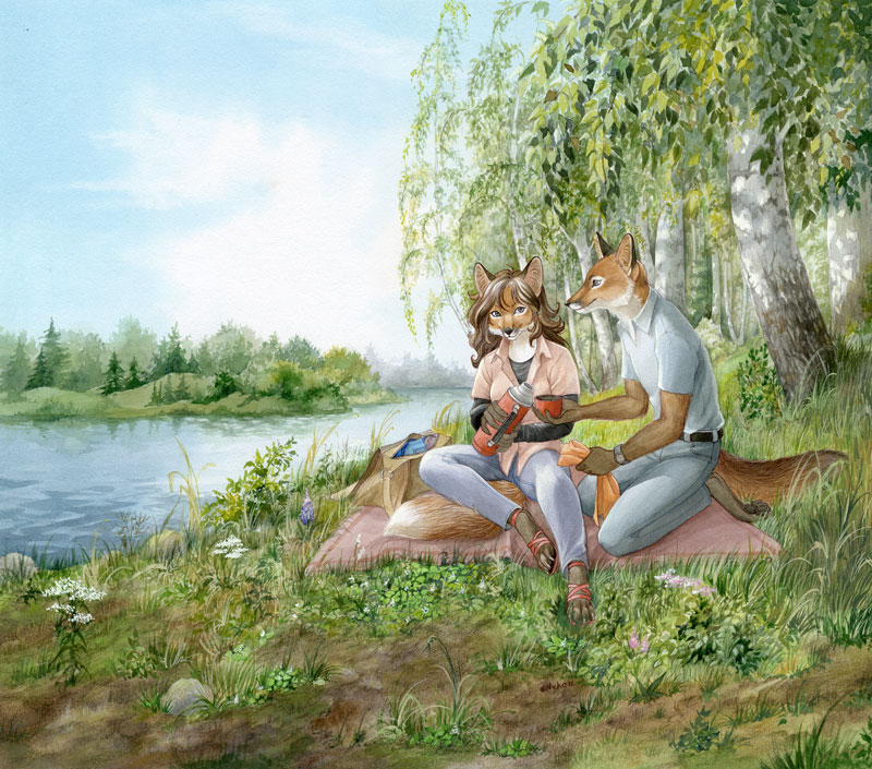 anthro bag birch bottomwear clock clothed clothing date denim denim_bottomwear denim_clothing detailed_background duo female flower footwear forest fully_clothed grass hair jeans male nature outside pants picnic plant river romantic romantic_ambiance romantic_couple sandals scenery scenery_porn shoes sitting sky tail thermos tree watch water wood wristwatch nekoart canid canine fox mammal traditional_media_(artwork)