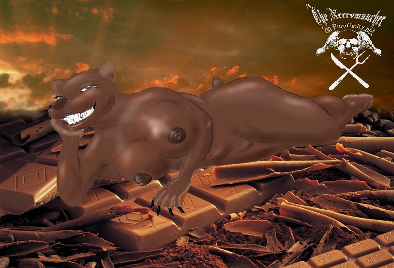 anthro breasts candy chocolate dessert female food grin nipples overweight overweight_anthro overweight_female slightly_chubby smile solo sunset necromuncher bear mammal