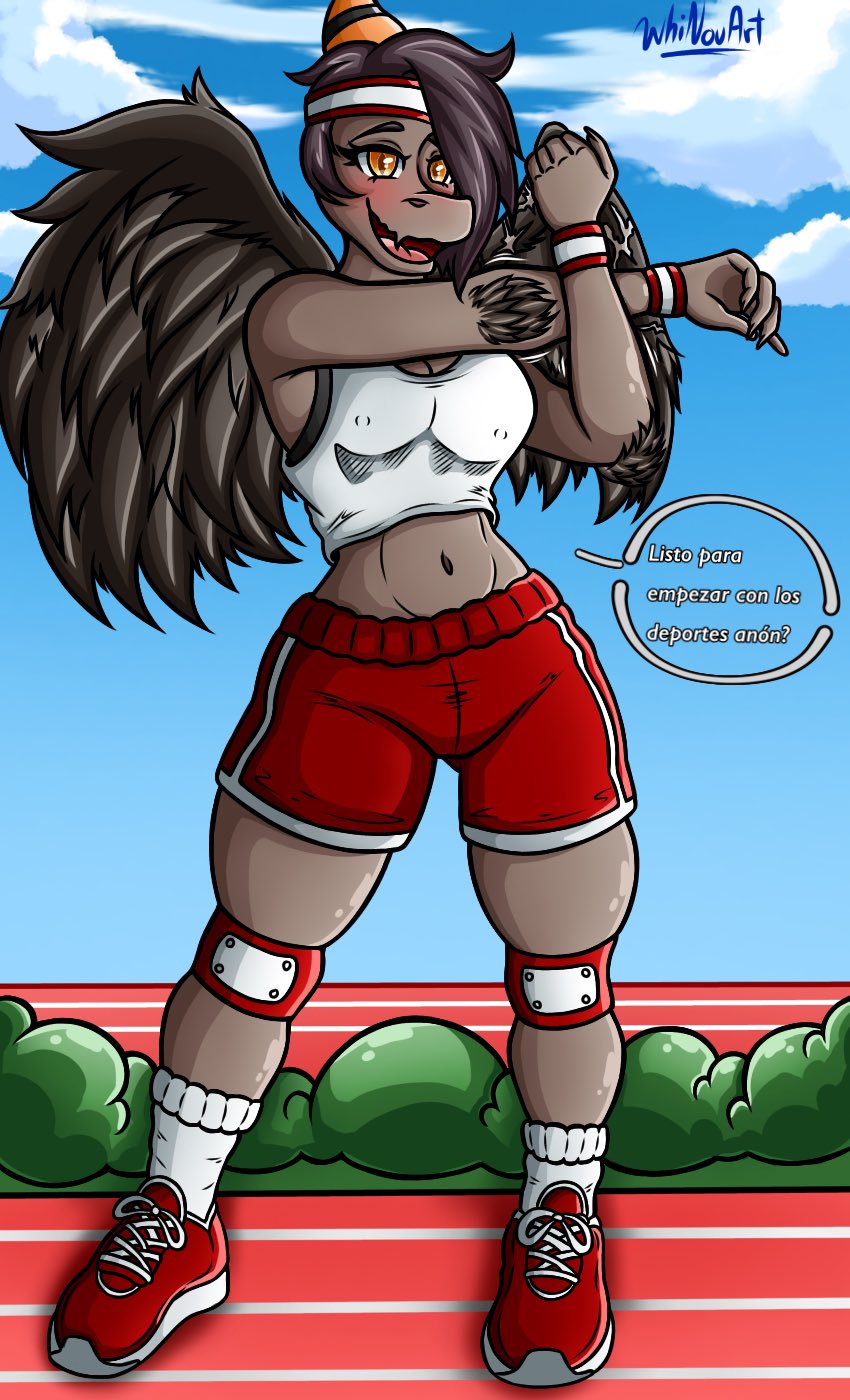 5_fingers accessory anthro arm_feathers asymmetrical_hair blush bone_frill bottomwear bra breasts brown_hair cleavage clothed clothing cloud crop_top cross-body_shoulder_stretch detailed_background dialogue elbow_feathers feathers female fingers footwear frill_(anatomy) grey_body grey_feathers grey_scales hair head_crest head_frill headband knee_pads looking_at_viewer midriff nipple_outline offscreen_character open_mouth open_smile plant plantigrade pupils scales shirt shoes shorts shrub sky slit_pupils smile snout solo speech_bubble standing stretching sweatband talking_to_another talking_to_viewer tank_top text thigh_gap tongue topwear underwear workout_clothing wristband yellow_eyes whinouart cavemanon_studios goodbye_volcano_high snoot_game naser_(gvh) nasera prehistoric_species pterodactylus pterosaur reptile scalie colored hi_res spanish_text