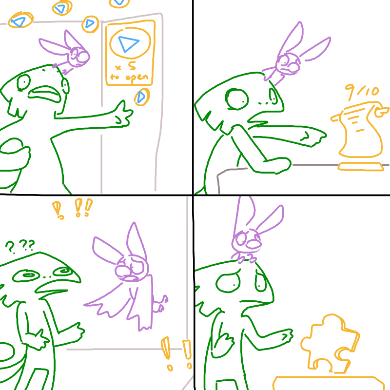 anthro carrying_another duo exclamation_point female gameplay_mechanics humor jiggy male on_head parody puzzle_piece question_mark the_weaver banjo-kazooie ctrl+alt+del loss playtonic_games rareware yooka-laylee laylee yooka bat chameleon lizard mammal reptile scalie 1:1 comic crossover digital_drawing_(artwork) digital_media_(artwork) meme