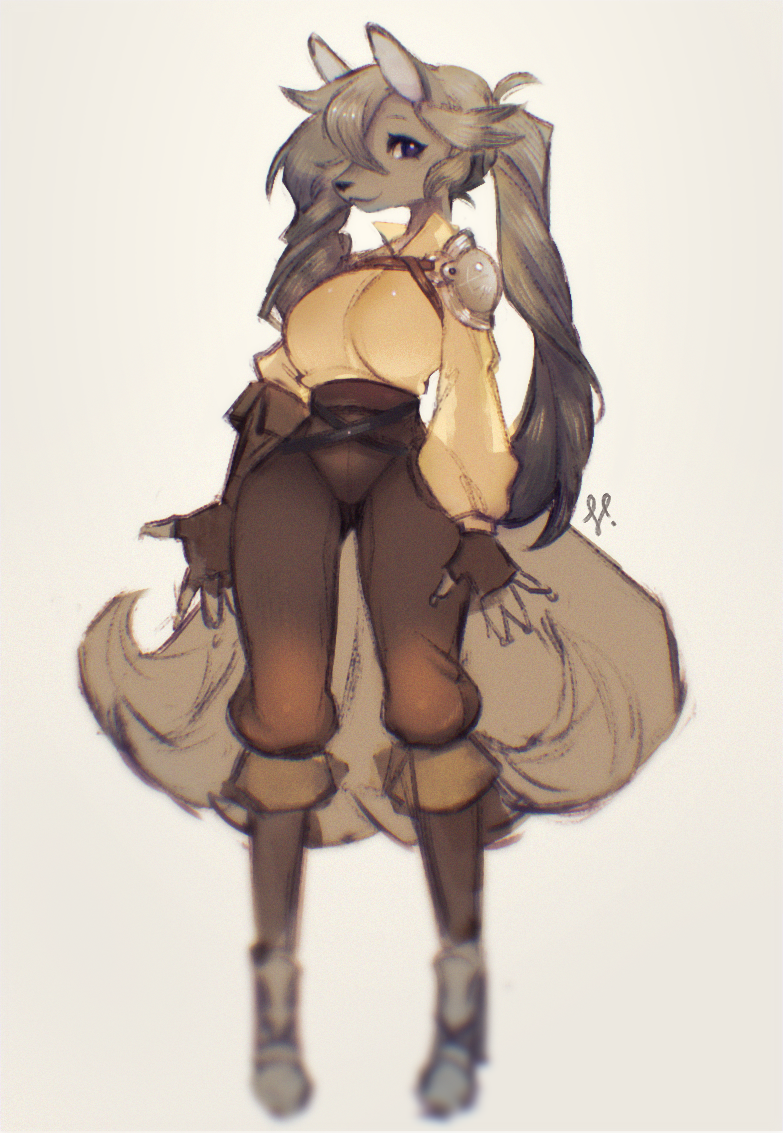 anthro armor boots bottomwear breasts brown_body brown_fur brown_hair clothing female fingerless_gloves footwear fur gloves hair handwear looking_at_viewer multi_tail pants pauldron pigtails shoes simple_background smile solo tail white_background indigo_cho canid mammal 2018 digital_media_(artwork)