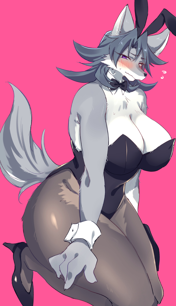 anthro big_breasts biped black_clothing blush bow_(feature) bow_tie breasts bunny_costume chest_tuft cleavage clothed clothing costume cuff_(restraint) fake_ears fake_rabbit_ears female footwear fur grey_body grey_fur hair high_heels highleg highleg_leotard huge_breasts inner_ear_fluff kemono kneeling legwear leotard pantyhose pink_background purple_hair restraints shoes simple_background solo thick_thighs three-quarter_view translucent translucent_clothing tuft wide_hips wrist_cuffs sgsix canid canine canis mammal wolf full-length_portrait portrait