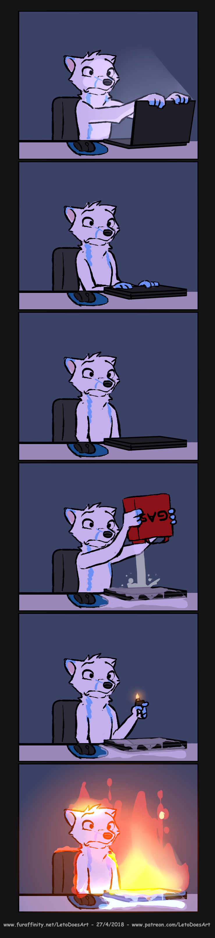 anthro blue_body blue_fur computer computer_mouse electronics fire frown fur gasoline humor laptop lighter male mousepad no_pupils regret solo stripes text white_body white_fur letodoesart leto_(letodoesart) arctic_fox canid canine fox mammal true_fox 2018 absurd_res comic hi_res long_image tall_image url