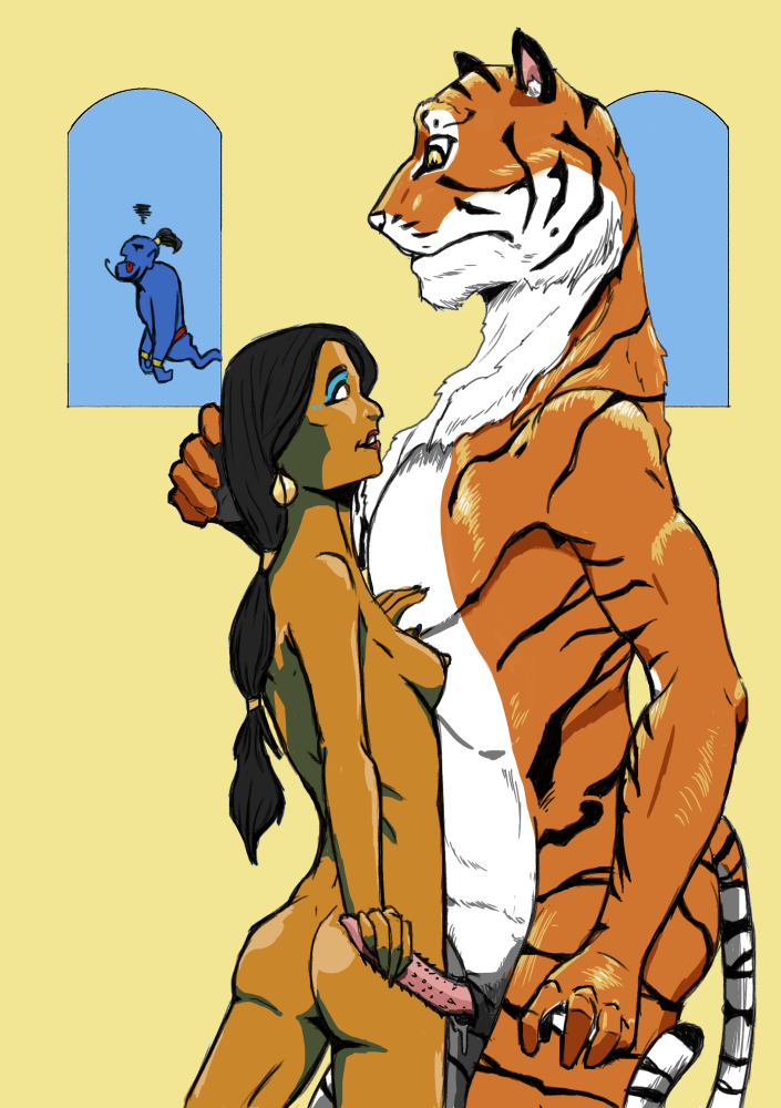 anthro anthrofied breasts duo_focus female genitals group handjob human_on_anthro interspecies male male/female penile penile_spines penis sex blackfriar disney disney's_aladdin genie_(disney) princess_jasmine_(disney) rajah_(disney) felid genie human humanoid mammal pantherine tiger