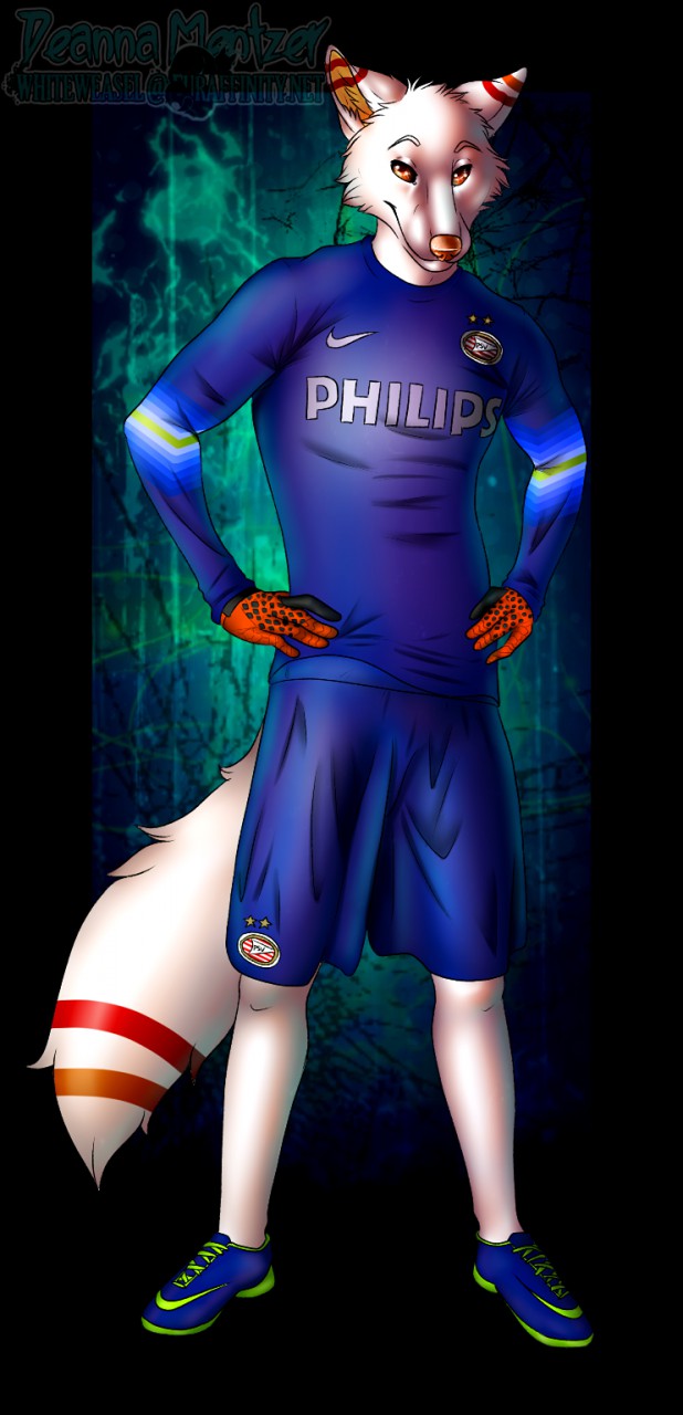 anthro biped clothing footwear fur goalkeeper hands_on_hips handwear jersey male orange_eyes orange_nose shirt shoes simple_background soccer solo sport standing stripes text text_on_clothing text_on_shirt text_on_topwear topwear white_body white_fur whiteweasel nike psv_eindhoven volskar canid canine canis mammal wolf digital_media_(artwork) english_text hi_res shaded