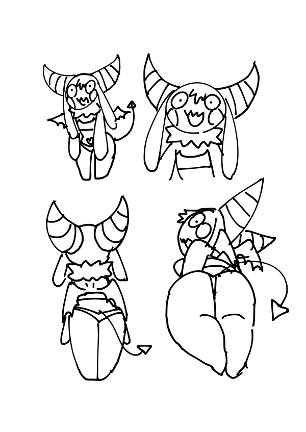 2_horns bra butt clothing female heart_(marking) horn long_ears looking_at_viewer looking_back markings membrane_(anatomy) membranous_wings neck_tuft open_mouth open_smile panties pupils rear_view small_pupils smile solo spade_tail tail thick_thighs tuft underwear wide_hips wings o-den bibi_(o-den) demon succubus monochrome