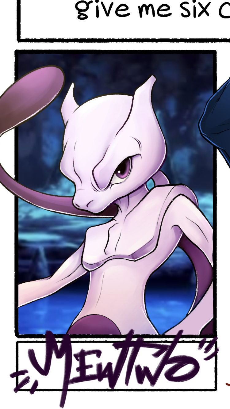 fierce looking_aside looking_at_viewer purple_body purple_eyes purple_skin purple_tail solo tail text themewtwonites nintendo pokemon six_fanarts_challenge generation_1_pokemon legendary_pokemon mewtwo pokemon_(species) character_name half-length_portrait hi_res meme portrait