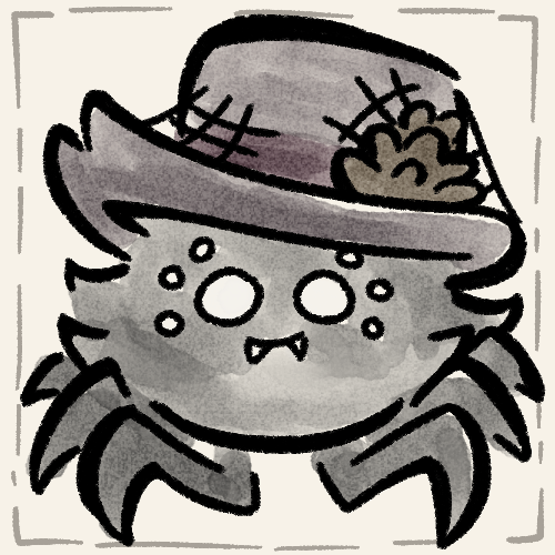 ambiguous_gender closed_smile clothing fangs feral hat headgear headwear looking_at_viewer mouth_closed multi_eye simple_background smile solo teeth wearing_hat fluffyfoxoffate don't_starve klei_entertainment arachnid arthropod spider 1:1 2025 digital_media_(artwork) low_res