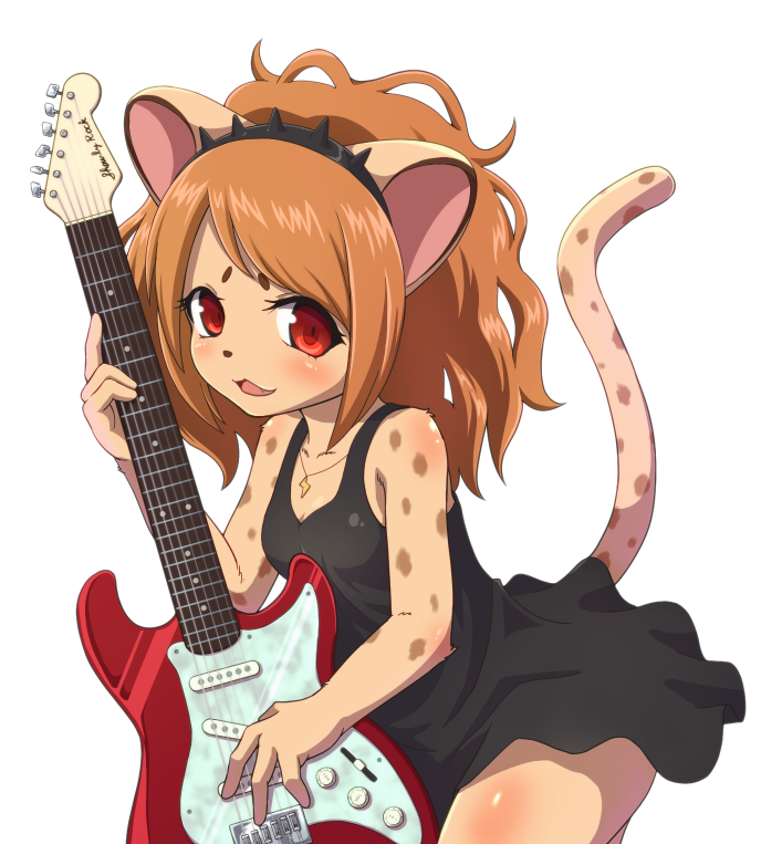 alternative_fashion anthro blush breasts brown_hair droopy_eyes female guitar gyaru hair j-fashion kemono long_hair musical_instrument open_mouth orange_hair playing_guitar playing_music plucked_string_instrument red_eyes rock_gyaru simple_background small_breasts solo string_instrument visual_kei yudeunagi sanrio show_by_rock!! cheety_(show_by_rock!!) cheetah felid feline mammal