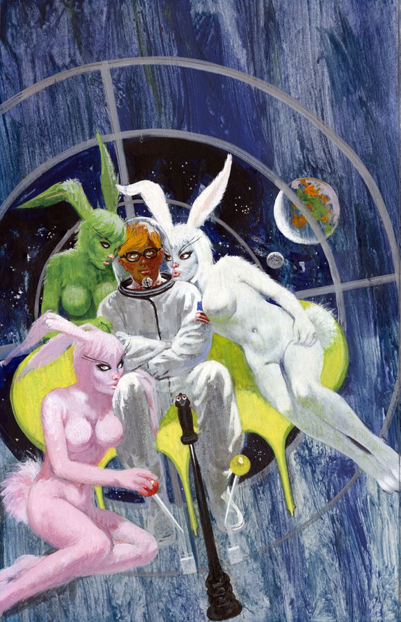 cosmic_background female group male nude pulp_art retrofuturism science_fiction space space_background spacesuit robert_bonfils the_day_the_universe_came human lagomorph leporid mammal rabbit ancient_art cover_art