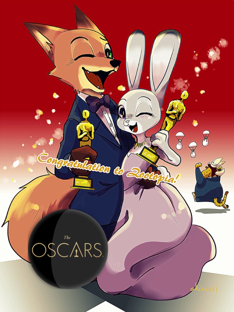 anthro award bare_shoulders barefoot black_tie_(suit) blush bow_(feature) bow_tie carrying_another clothed clothing dipstick_ears dress duo_focus ear_markings feet female fur group holding_award holding_object holding_oscar_statuette hug jewelry long_ears male multicolored_ears necklace on_shoulders one_eye_closed open_mouth open_smile oscar_statuette rear_view running size_difference smile suit text wink ahiru621 academy_awards disney zootopia benjamin_clawhauser finnick_(zootopia) judy_hopps nick_wilde canid canine cheetah felid feline fennec_fox fox lagomorph leporid mammal rabbit red_fox true_fox 2017 3:4