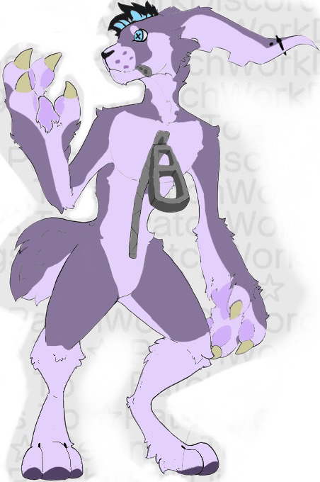 anatomically_inaccurate anatomically_inaccurate_pawpads anthro black_hair blue_eyes blue_highlights claws digitigrade fur hair highlights_(coloring) male markings pawpads paws piercing pink_markings purple_body purple_fur purple_pawpads what zipper lagomorph leporid mammal rabbit