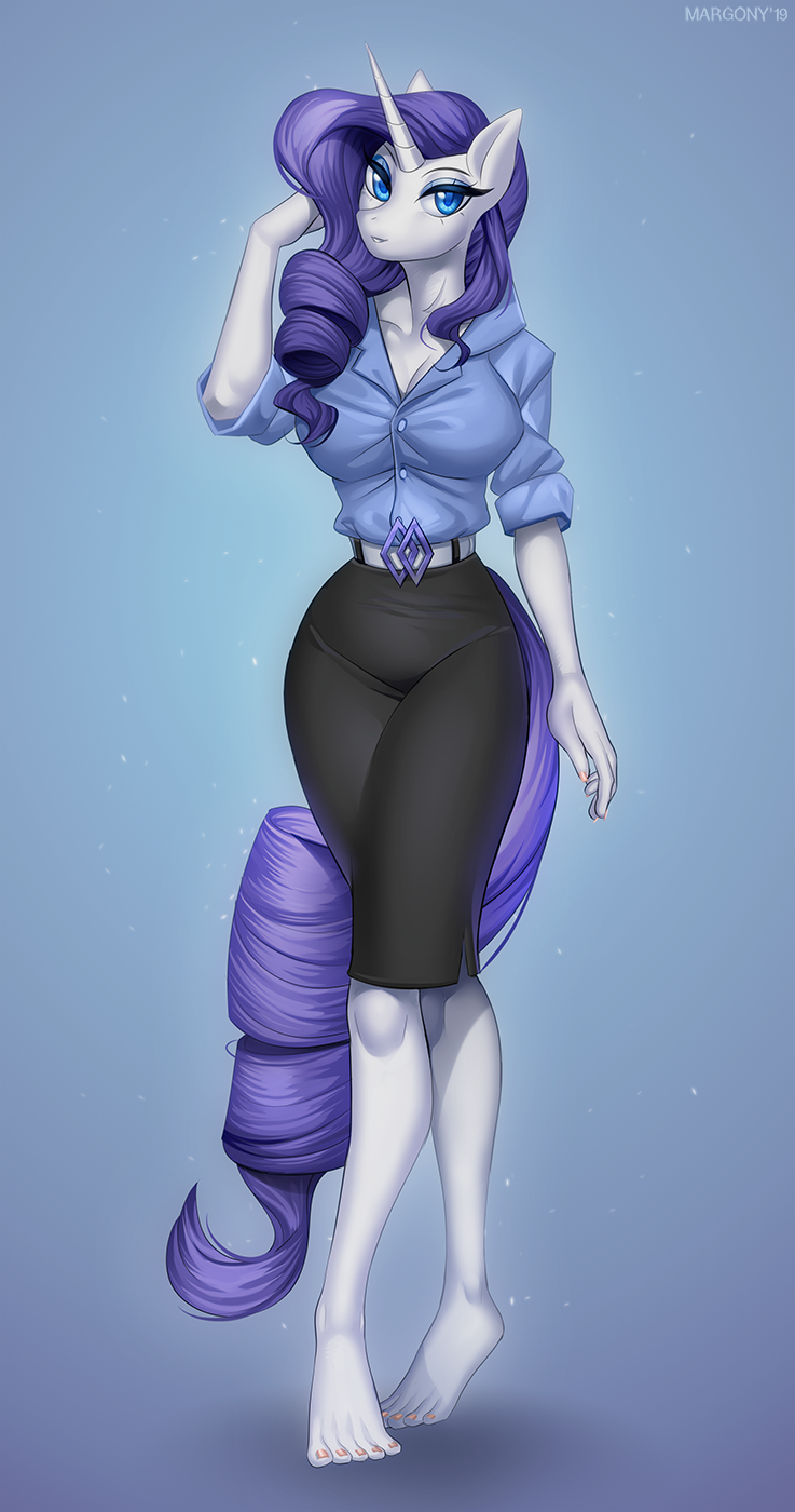 5_fingers 5_toes anthro breasts clothed clothing eyebrows eyelashes feet female fingers horn purple_eyes solo standing toes margony friendship_is_magic hasbro my_little_pony mythology rarity_(mlp) equid equine mammal mythological_creature mythological_equine unicorn 2019 digital_media_(artwork) hi_res