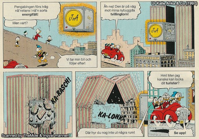 anthro beak building car city cityscape clothing destruction dialogue driving eyewear glasses group hat headgear headwear humor male money_bin skyscraper small_glasses speech_bubble sweater swedish text topwear twin_towers vehicle don_rosa 9/11 disney ducktales dewey_duck donald_duck huey_duck louie_duck scrooge_mcduck anatid anseriform avian bird duck 1997 3rd_party_watermark colored comic swedish_text translated watermark