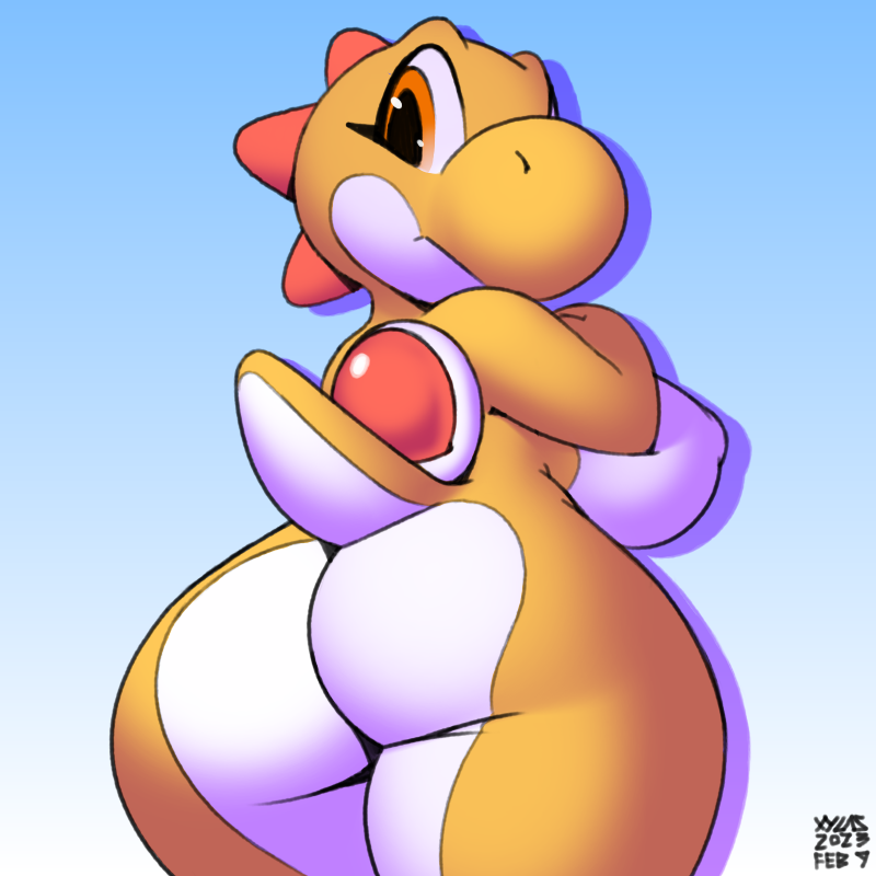 anthro big_breasts breasts butt eyelashes female looking_at_viewer nipples nude orange_body orange_eyes orange_skin simple_background solo tail thick_thighs wide_hips xylas mario_bros nintendo dinosaur prehistoric_species reptile scalie yoshi 1:1 2023 colored