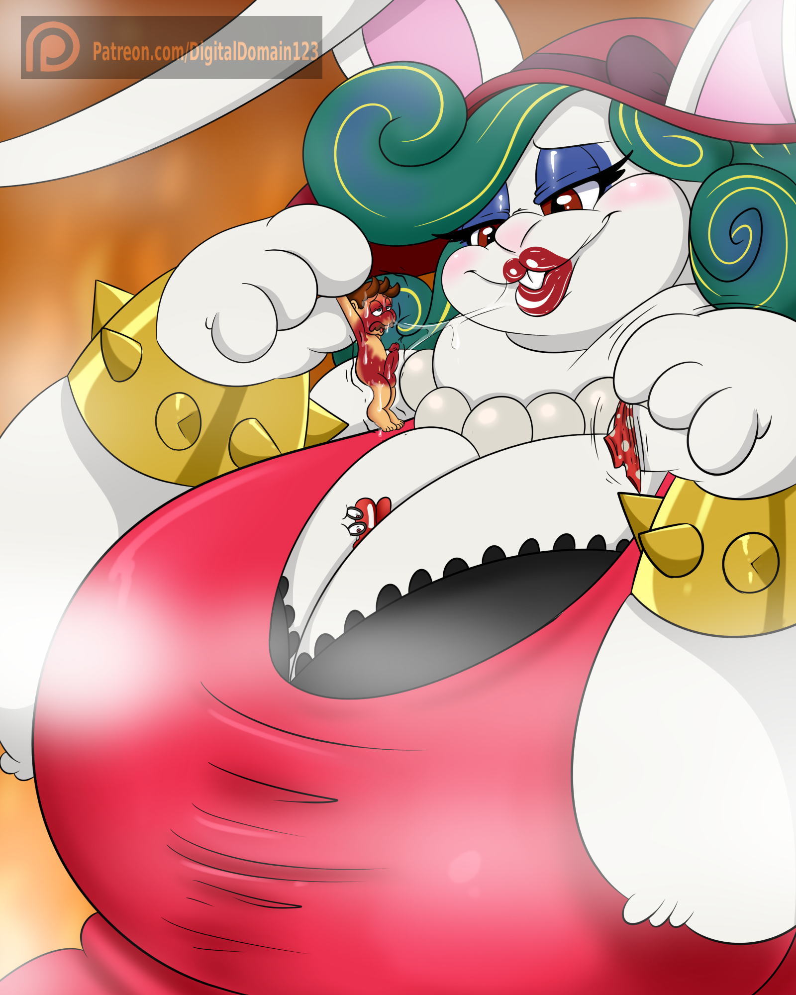 Rule 34 Dev - general:[ambiguous_gender anthro balls  between_breasts big_breasts bodily_fluids breasts clothing  dewlap_(anatomy) double_chin duo extreme_size_difference female  genitals hat headgear headwear ...