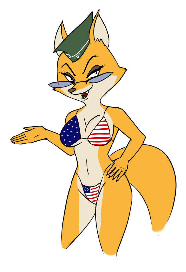 american_flag_bikini anthro bikini breasts clothed clothing fangs female flag flag_bikini flag_clothing flag_print flag_swimwear hat headgear headwear looking_at_viewer open_mouth print_bikini print_clothing print_swimwear solo standing swimwear teeth two-piece_swimsuit united_states_of_america unknown_artist sek_studio squirrel_and_hedgehog lt._fox_vixen canid canine fox mammal