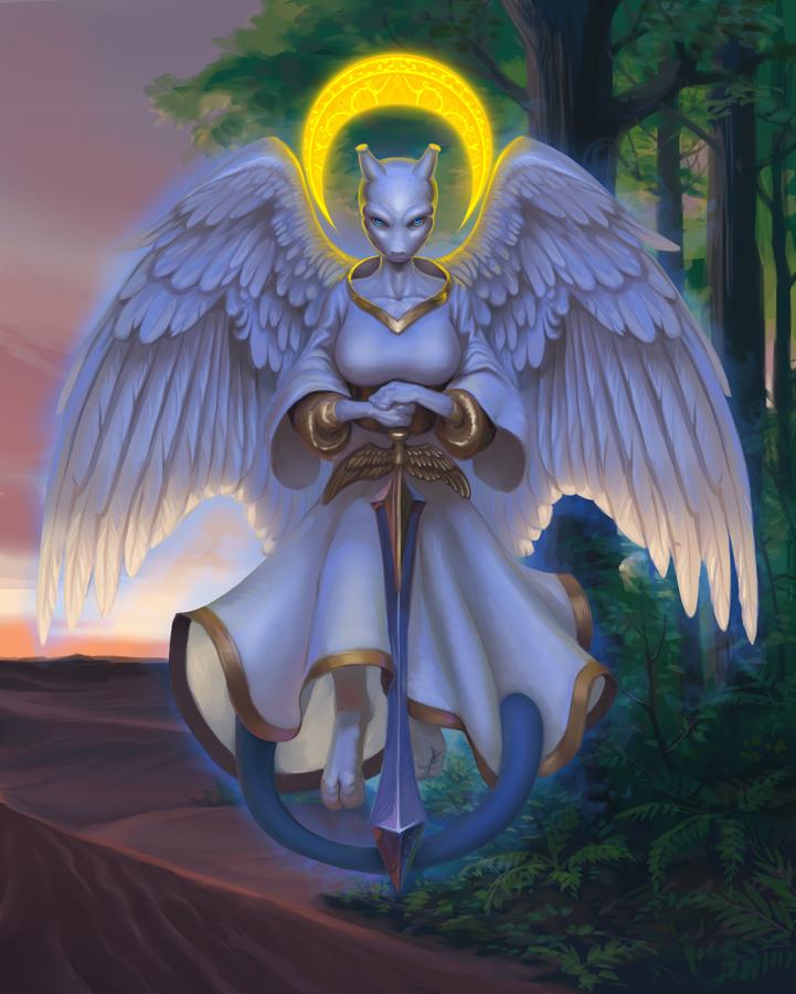 clothed clothing day detailed_background feathered_wings feathers feet female fingers forest halo outside plant sky toes tree wings hibbary nintendo pokemon generation_1_pokemon legendary_pokemon mewtwo pokemon_(species) 2023 digital_media_(artwork)